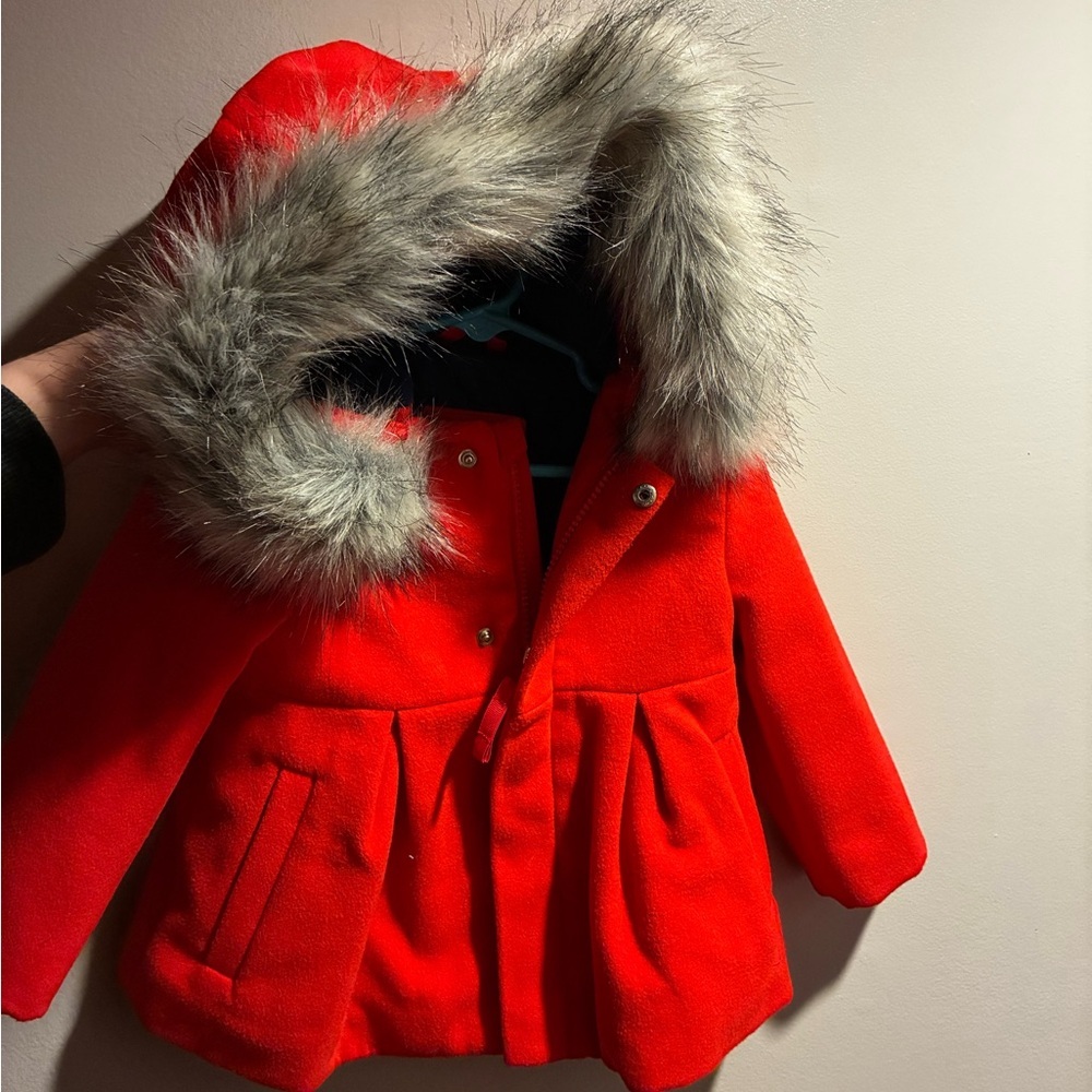 Cat & Jack Vibrant Red Pea Coat with Faux Fur Hood